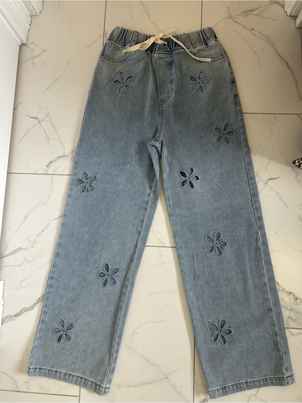 So Me Light Blue Straight Leg Jeans with Floral Cutouts